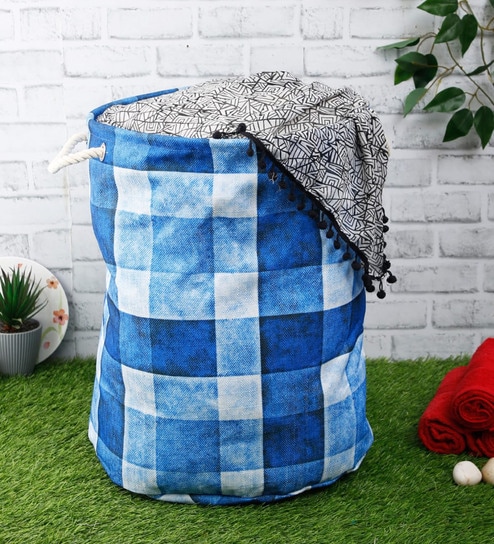 Blue Polyester Slub 50 Ltr (1Pc) Laundry Basket with Lid