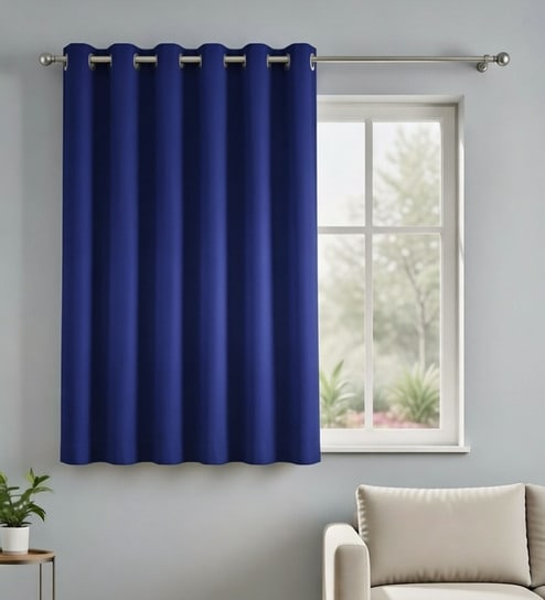 Blue Polyester Solid Light Filtering Eyelet 5 Feet Window Curtain