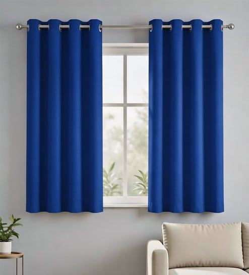 Blue Polyester Solid Light Filtering Eyelet 5 Feet Window Curtains (2 Pc)