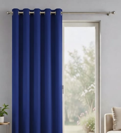 Blue Polyester Solid Light Filtering Eyelet 7 Feet Door Curtain