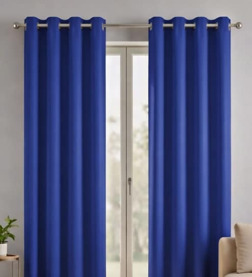Blue Polyester Solid Light Filtering Eyelet 7 Feet Door Curtains (2 Pc)