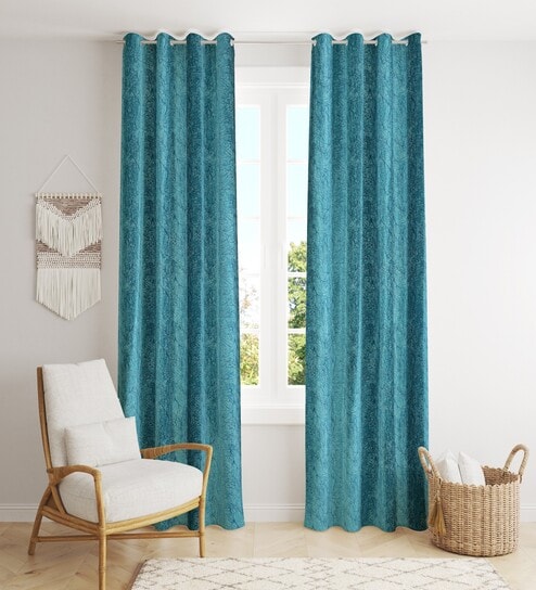 Blue Poleyster Camrin Leaves 5 Feet Semi Transperency Ring Top Window Curtains 2Pcs