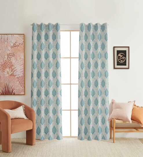Blue Poleyster Camrin Leaves 7 Feet Semi Transperency Ring Top Door Curtains 2Pcs