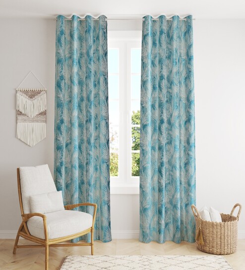 Blue Poleyster Camrin Leaves 9 Feet Semi Transperency Ring Top Long Door Curtains 2Pcs