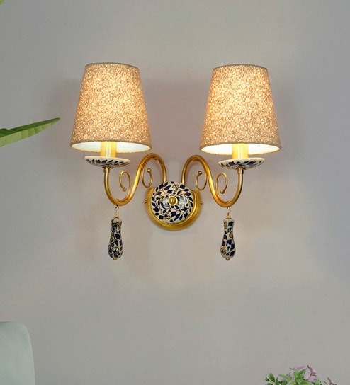 Blue Pottery Floral Double Wall Sconce with Yellow Flowers