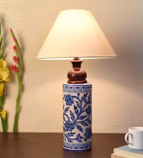 Blue Pottery Mugal Art Ceramic Cylindrical Decorative Lamp  By Unravel India