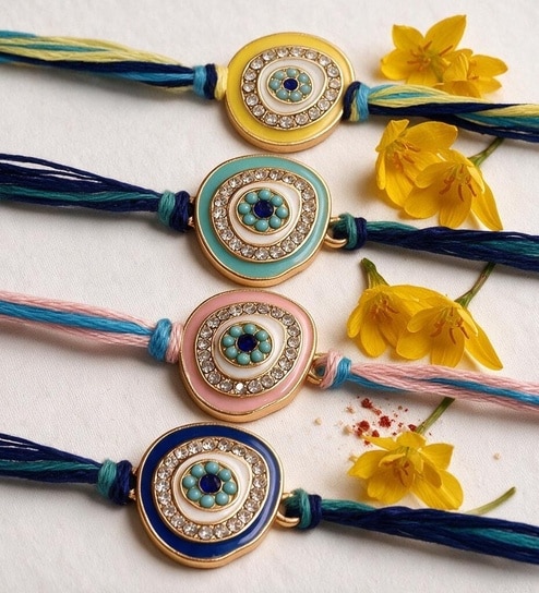 Blue Premium Handmade Evil Eye Crystal Stone Rakhi Set Of 4 With Anchor Non-Bleeding Cotton Thread