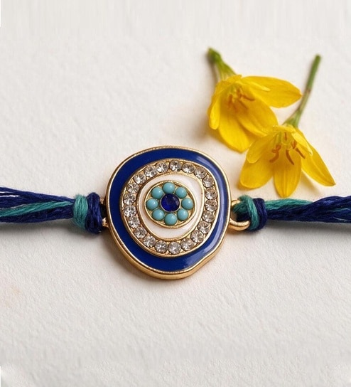 Blue Premium Handmade Evil Eye Crystal Stone Rakhi With Anchor Non-Bleeding Cotton Thread