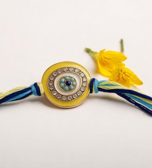 Blue Premium Handmade Evil Eye Crystal Stone Rakhi With Anchor Non-Bleeding Cotton Thread