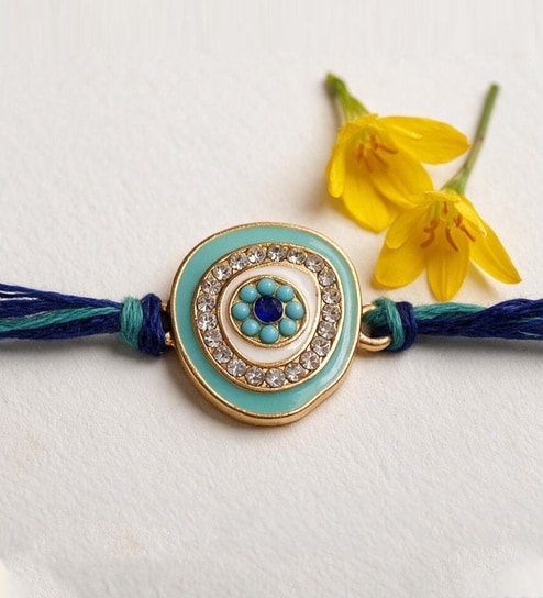 Blue Premium Handmade Evil Eye Crystal Stone Rakhi With Anchor Non-Bleeding Cotton Thread