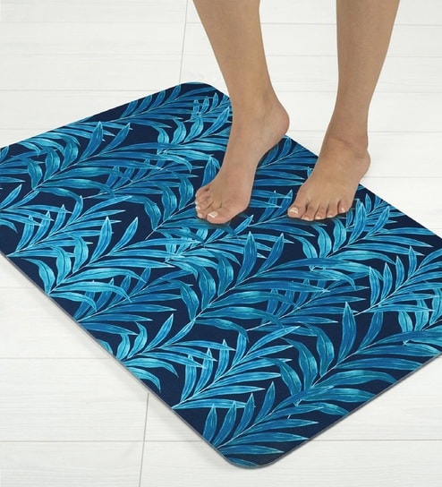 Blue Palm Leaf Printed Rubber 22x14 Inches Anti Skid Bath Mat