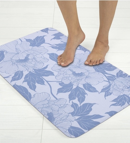 Blue Floral Printed Rubber 22x14 Inches Anti Skid Bath Mat