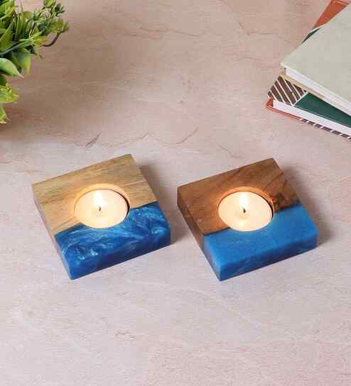 Blue Resin & Mangowood Tealight Holder Set of 2