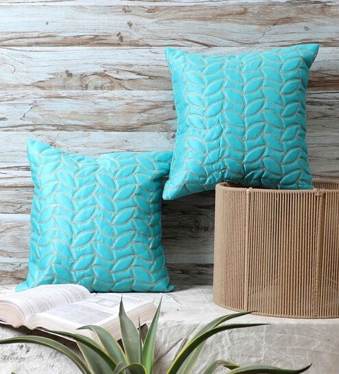 Blue Satin Floral 16x16 inches Cushion Covers (Pack of 2)