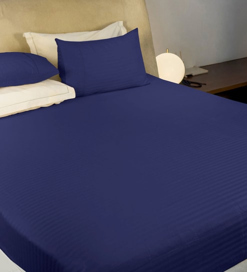 Blue Satin Striped 210 TC Pure Cotton King Sized Bedsheet with 2 Pillow Covers