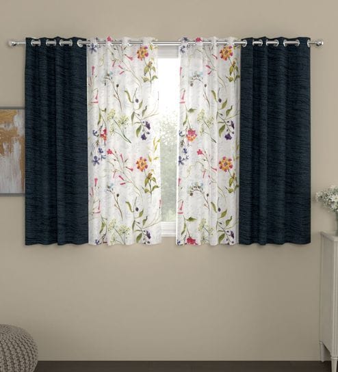 Grey Polyester Floral 5ft Semisheer Eyelet 4 Pcs Window Curtains