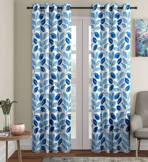 Blue Floral Polyester 9 Ft Semisheer Eyelet Door Curtains (Set of 2)