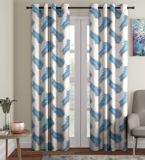 Blue Floral Polyester 9 Ft Semisheer Eyelet Door Curtains (Set of 2) by Cortina