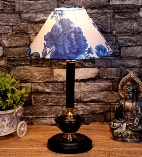 White & Blue Shade Table Lamp With Metal Base By Foziq