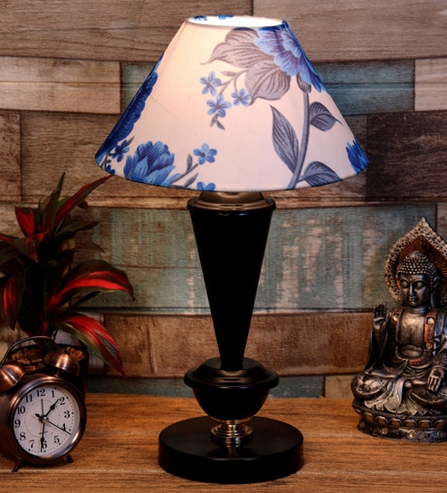 Palermo White & Blue Fabric Shade Night Lamp With Metal Base By Foziq