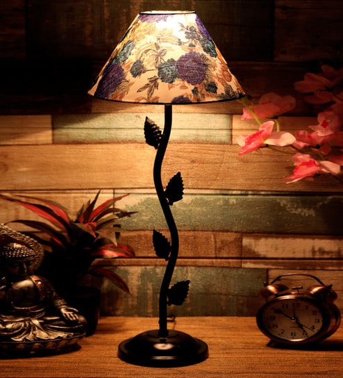 White & Blue Shade Table Lamp With Metal  Base By Foziq