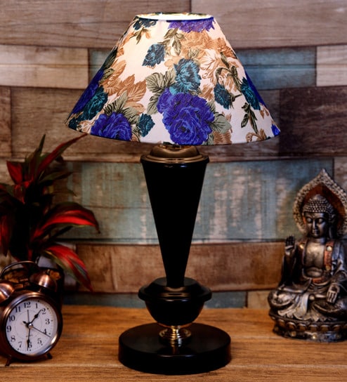 White & Blue Shade Table Lamp With Metal Base By Foziq
