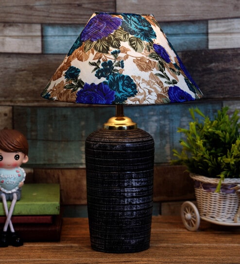 White & Blue Shade Table Lamp With Terracotta  Base By Foziq