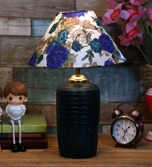 White & Blue Shade Table Lamp With Terracotta Base By Foziq