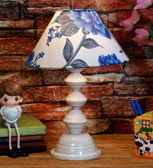 White & Blue Shade Table Lamp With Metal Base By Foziq