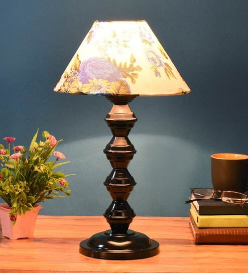 White & Blue Shade Table Lamp With Metal Base By Foziq