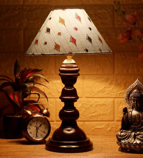 Alice Blue Fabric Shade Night Lamp With Wood Base By BrightDaisy