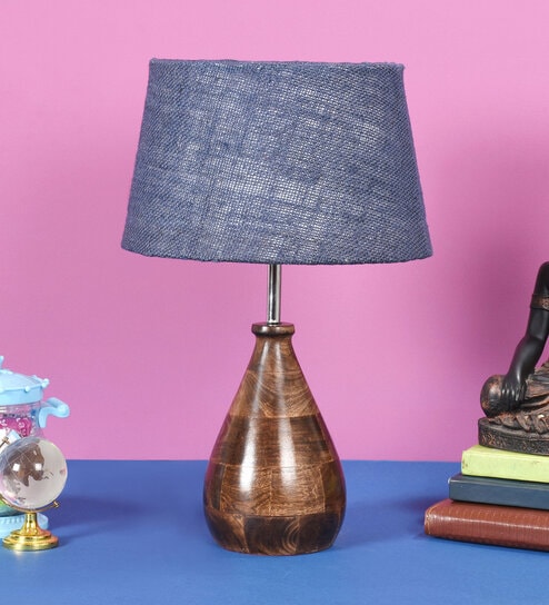 Lucea Blue Natural Fiber Shade Night Lamp With Wood Base By BrightDaisy
