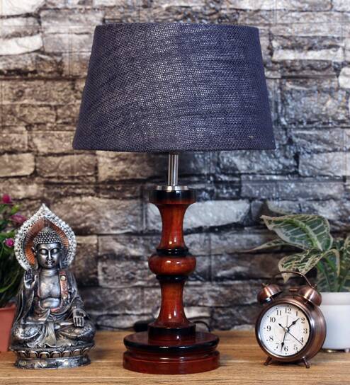 Tarter Blue Natural Fiber Shade Night Lamp With Wood Base By BrightDaisy