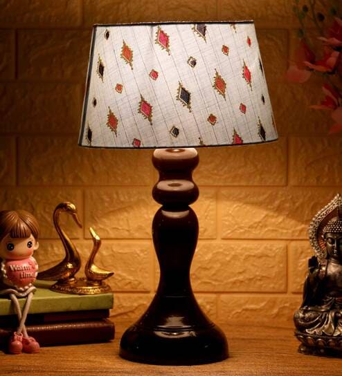 Amber Blue Fabric Shade Night Lamp With Wood Base By BrightDaisy
