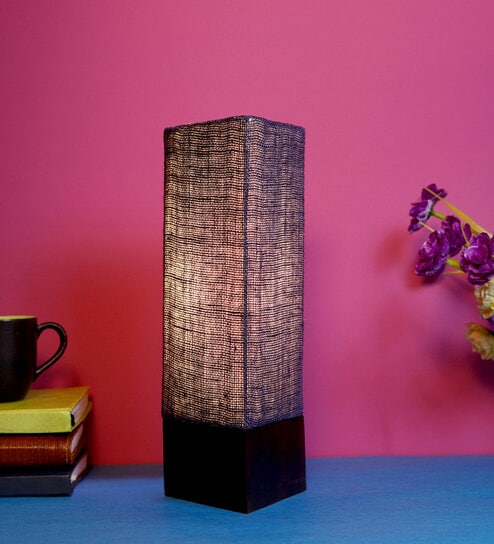 Trapzo Blue Natural Fiber Shade Table Lamp With Wood Base
