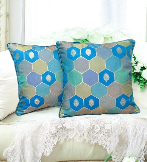 Blue Silk blend Honeycomb Brocade 16x16 inches Cushion Covers (Set of 2)