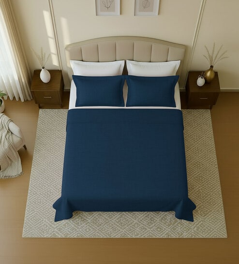 Blue Solid 144 TC 100 % Cotton Double Size Bedsheet With 2 Pillow Covers
