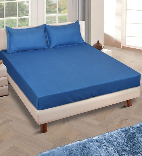 Blue Solid 150 TC Glace Cotton Queen Sized Double Bedsheet with 2 Pillow Covers
