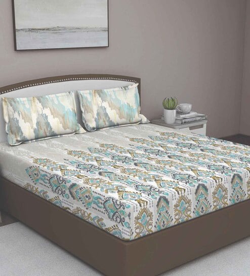 Blue Traditional 180 TC Cotton Queen Sized Bed Sheets with 2 Pillow Covers by GM Fabrics