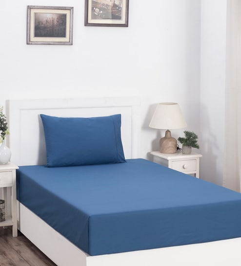 Blue Solid 200 TC Cotton Fitted Single Bedsheet With 1 Pillow Cover by Maspar