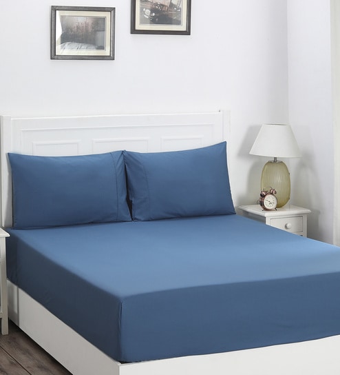 Blue Solid 200 TC Cotton King Sized Bed Sheets with 2 Pillow Covers by Maspar