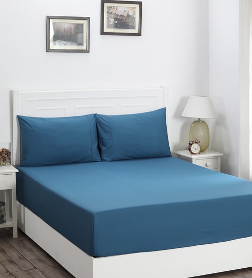 Blue Solid 200 TC Cotton Queen Sized Fitted Bed Sheets with 2 Pillow Covers by Maspar