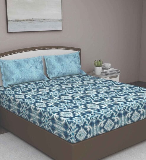 Blue Abstract 210 TC Cotton Queen Sized Bed Sheets with 2 Pillow Covers by GM Fabrics