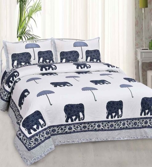 Blue Traditional 240 TC Cotton King Size Bedsheet With 2 Pillow Covers