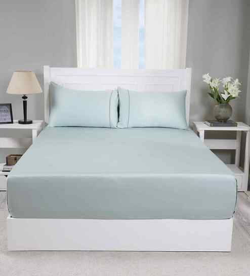 Blue Solid 300 TC Cotton Double Bed Sheet with 2 Pillow Covers 24 Collection