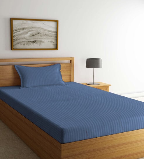 Blue Solid 300 TC Cotton Single Bedsheet with 1 Pillow Cover