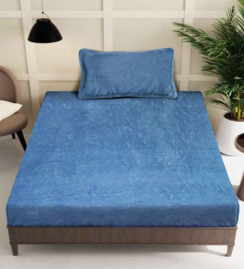 Blue Solid 300 TC Woollen Fitted Single Bedsheet with Pillow Cover