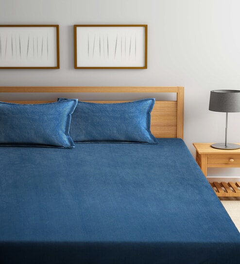 Blue Solid 300 TC Woollen Flat Double Bedsheet with 2 Pillow Covers