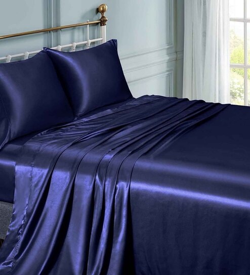 Blue Solid 400 TC Satin King Fitted Bedsheet with 2 Satin Pillow covers