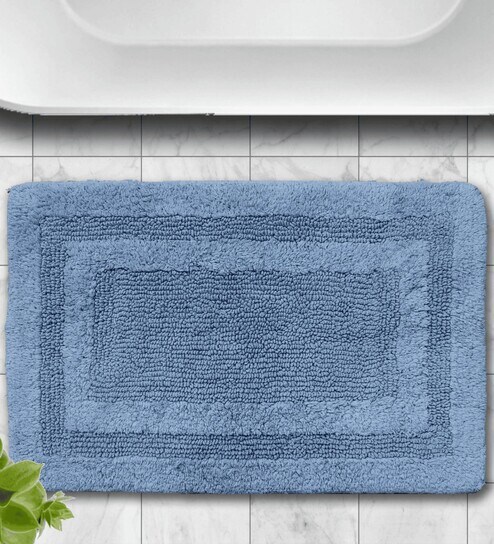 Blue Geometric Cotton 24x16 Inches AntiSkid Bath Mat